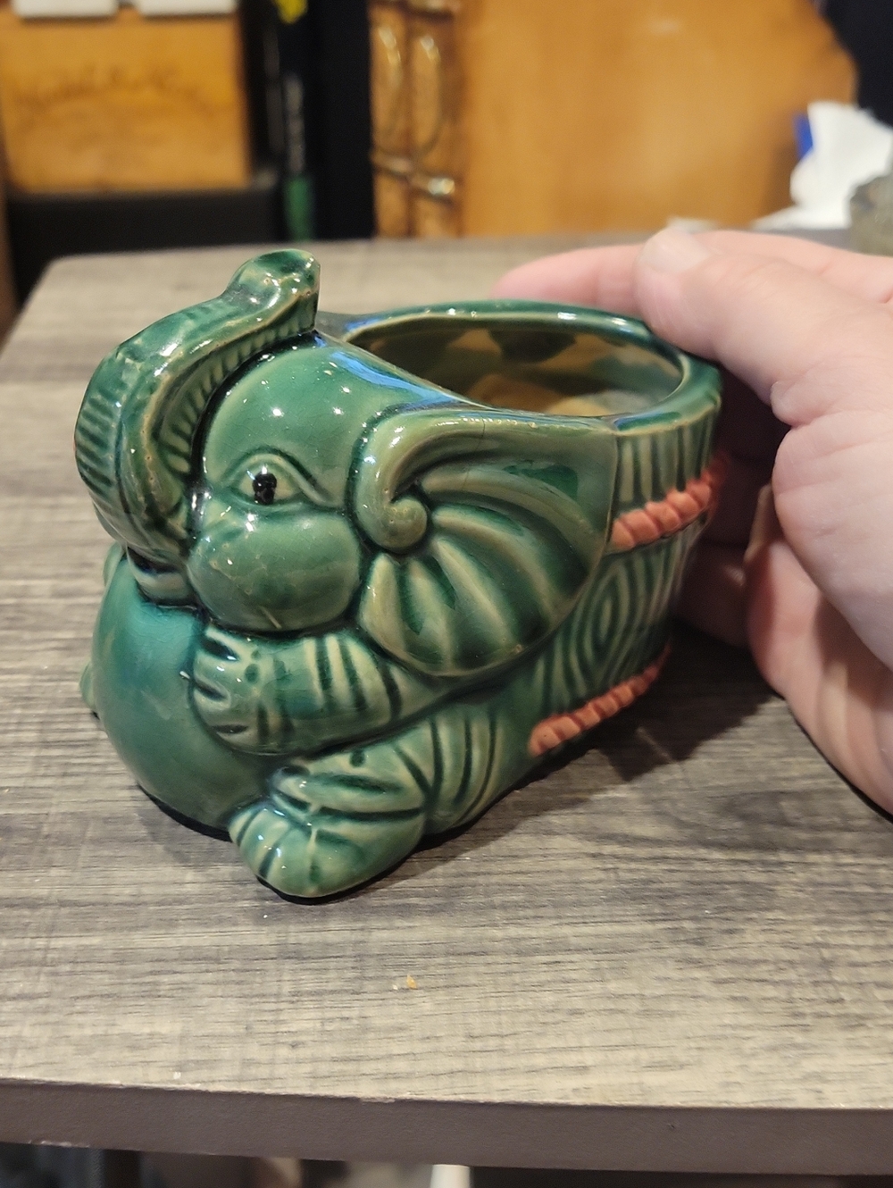 Elephant Planter/ Antique; Majolica Vintage Trunk Up! EUC
